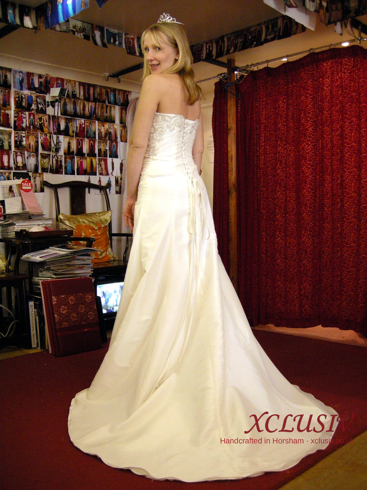 Ivory Satin Strapless Wedding Dress with Beaded Bodice & Flower – XCLUSIV Horsham