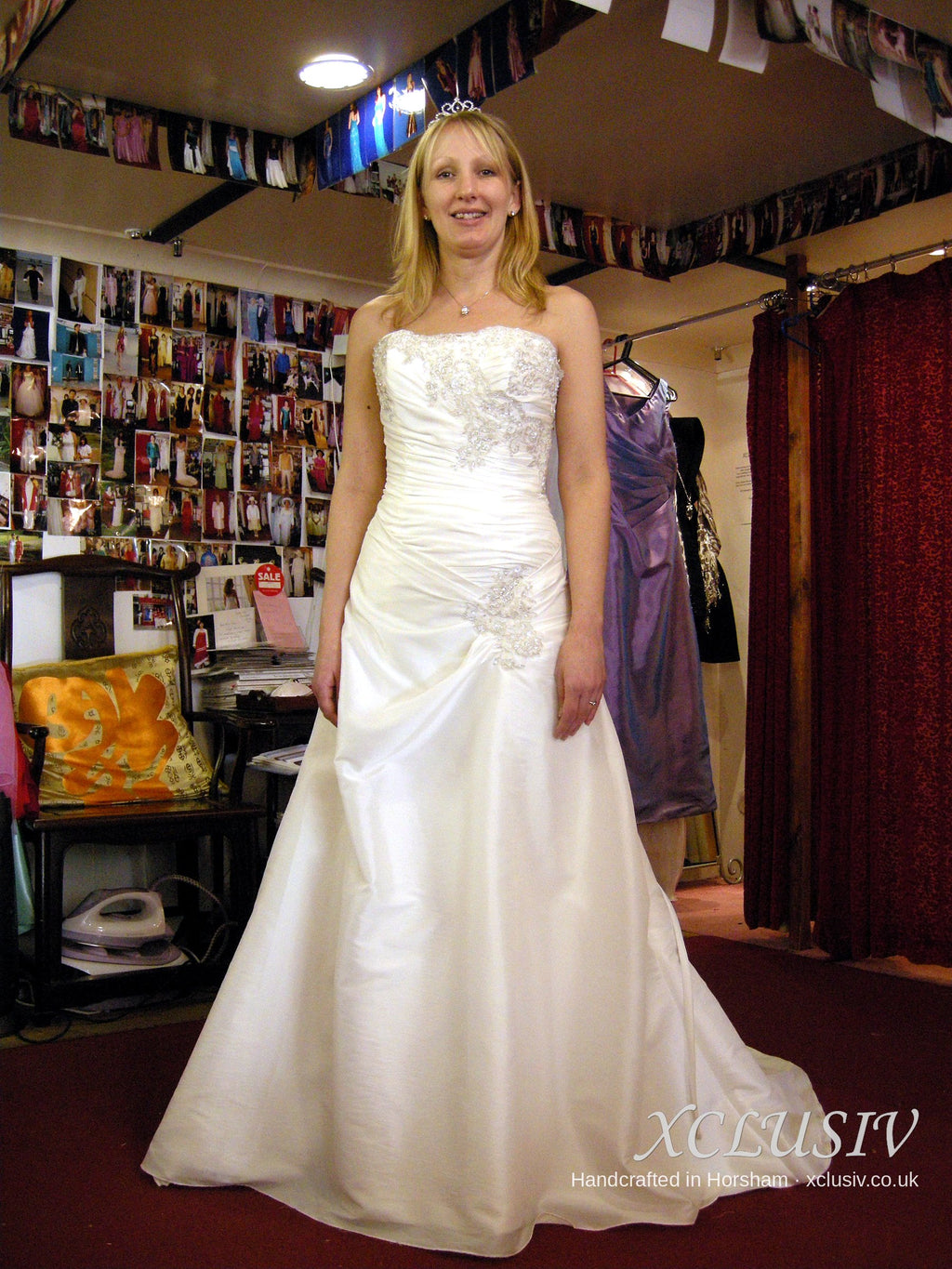 Ivory Satin Strapless Wedding Dress with Beaded Bodice & Flower – XCLUSIV Horsham (view 2)
