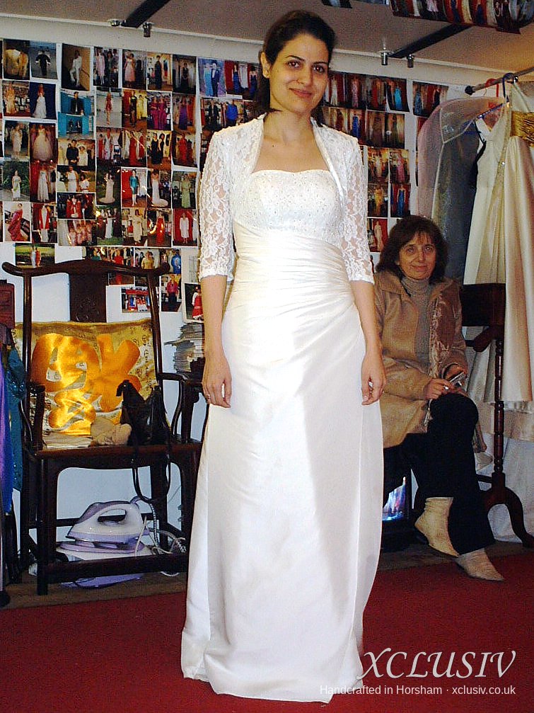 Ivory Satin Strapless Wedding Dress with Beaded Bodice & Lace Bolero – XCLUSIV Horsham