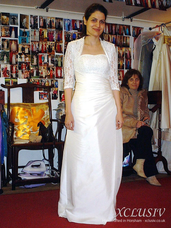 Ivory Satin Strapless Wedding Dress with Beaded Bodice & Lace Bolero – XCLUSIV Horsham