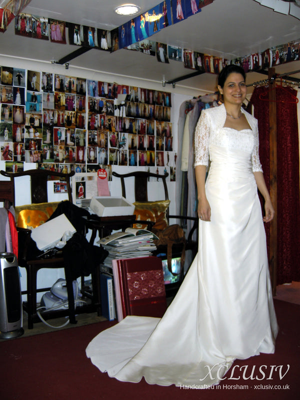 Ivory Satin Strapless Wedding Dress with Beaded Bodice & Lace Bolero – XCLUSIV Horsham (view 4)