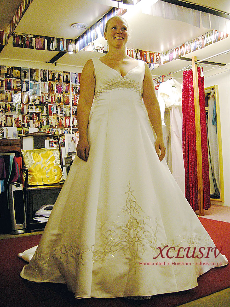 Ivory Satin V-Neck A-Line Wedding Dress with Gold Embroidery – XCLUSIV Horsham