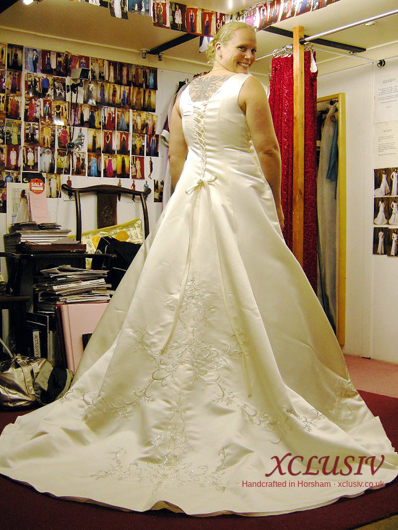 Ivory Satin V-Neck A-Line Wedding Dress with Gold Embroidery – XCLUSIV Horsham (view 2)