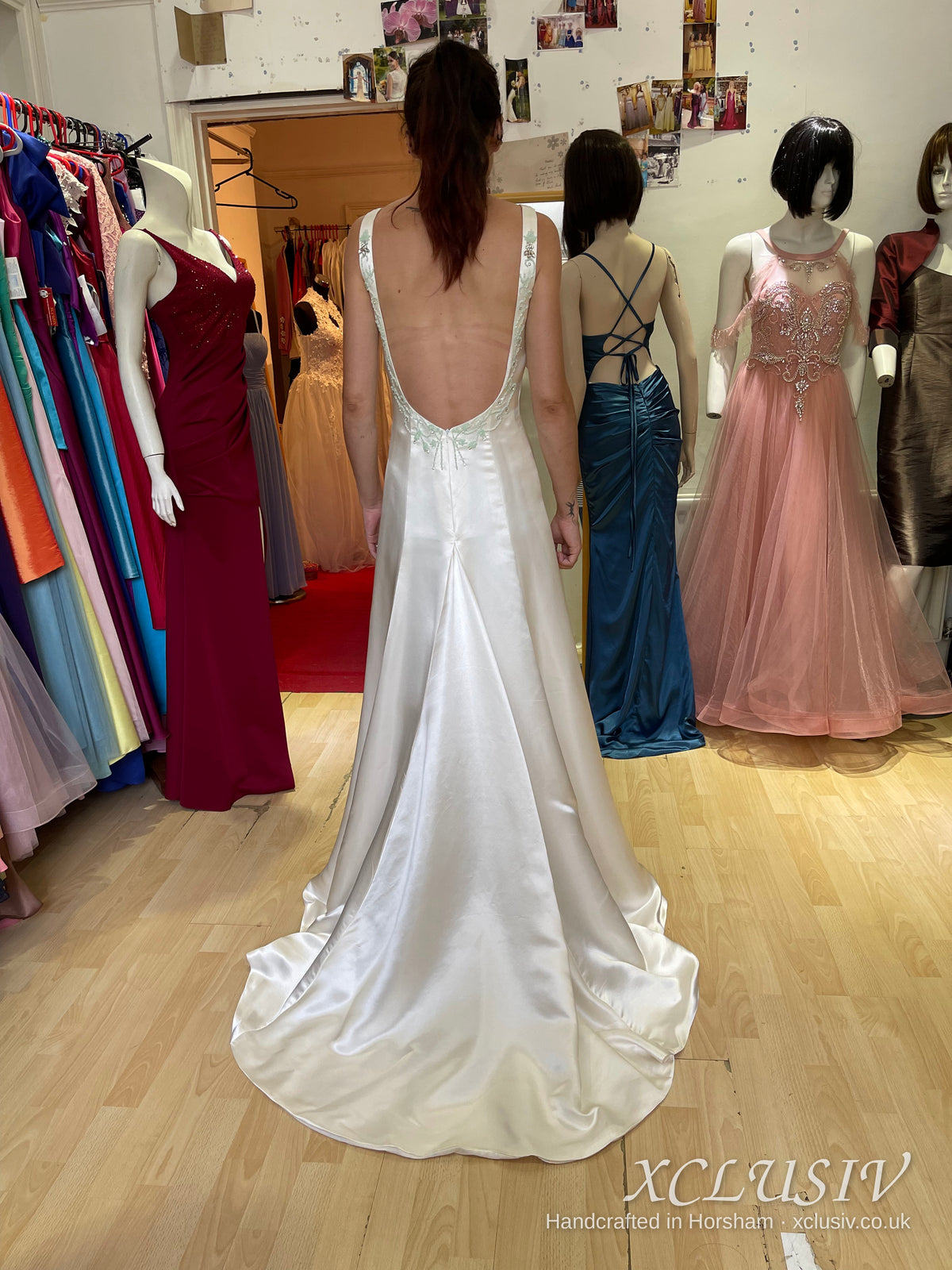 Ivory Satin V-Neck Low-Back A-Line Wedding Dress – XCLUSIV Horsham (view 2)