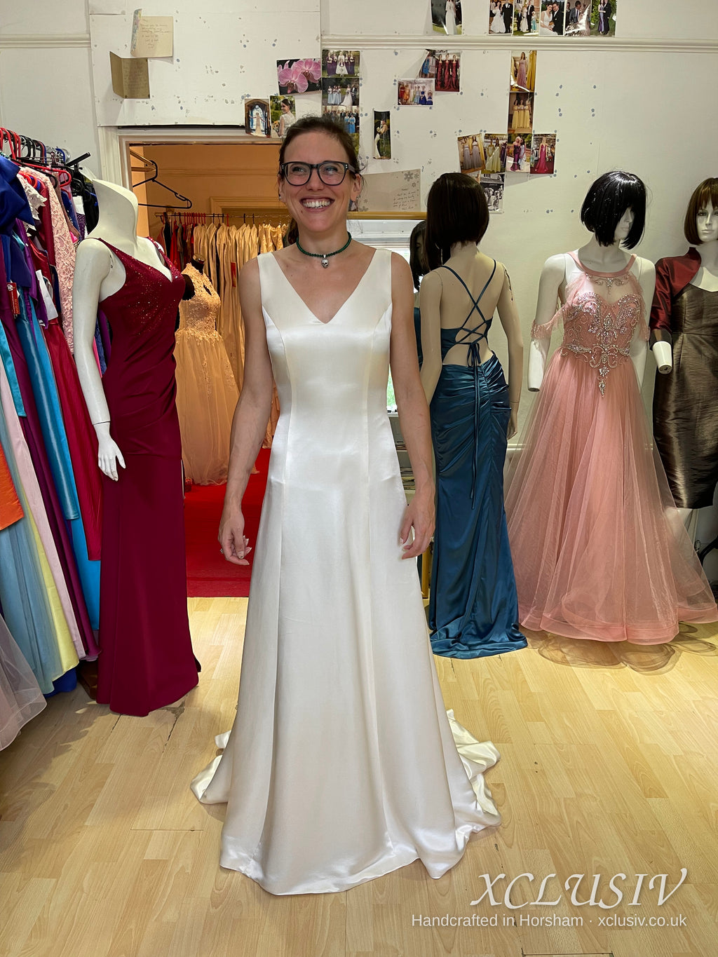 Ivory Satin V-Neck Low-Back A-Line Wedding Dress – XCLUSIV Horsham (view 3)