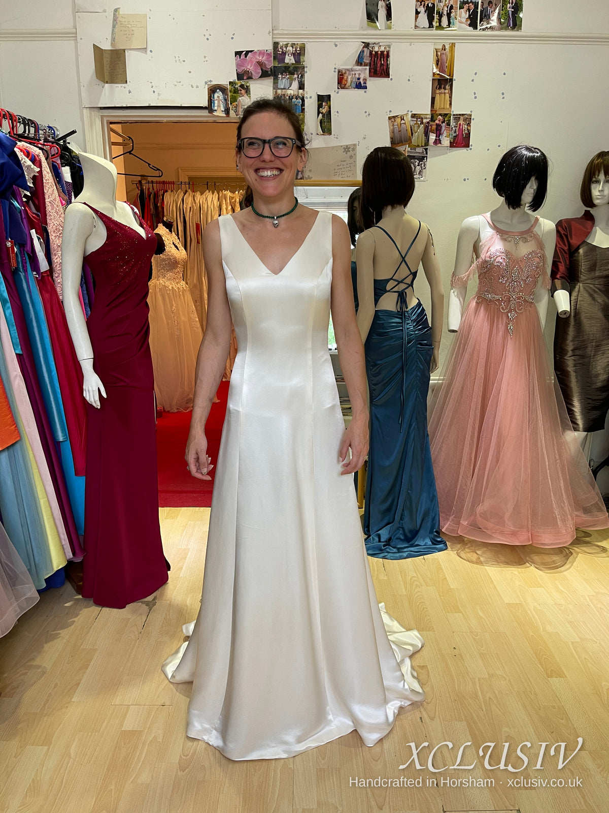 Ivory Satin V-Neck Low-Back A-Line Wedding Dress – XCLUSIV Horsham (view 3)