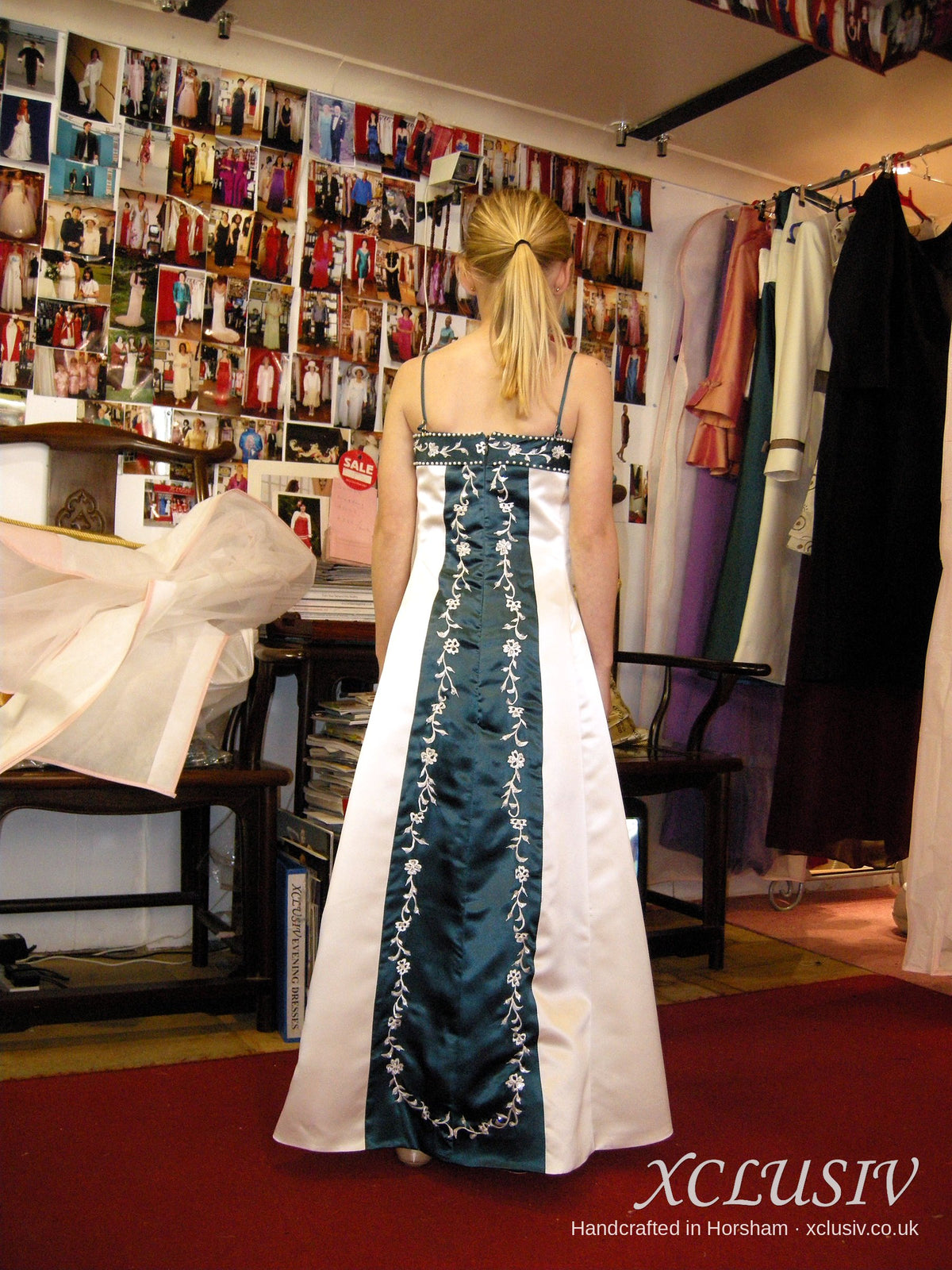 Ivory Satin Wedding Dress with Teal Embroidered Panel – XCLUSIV Horsham