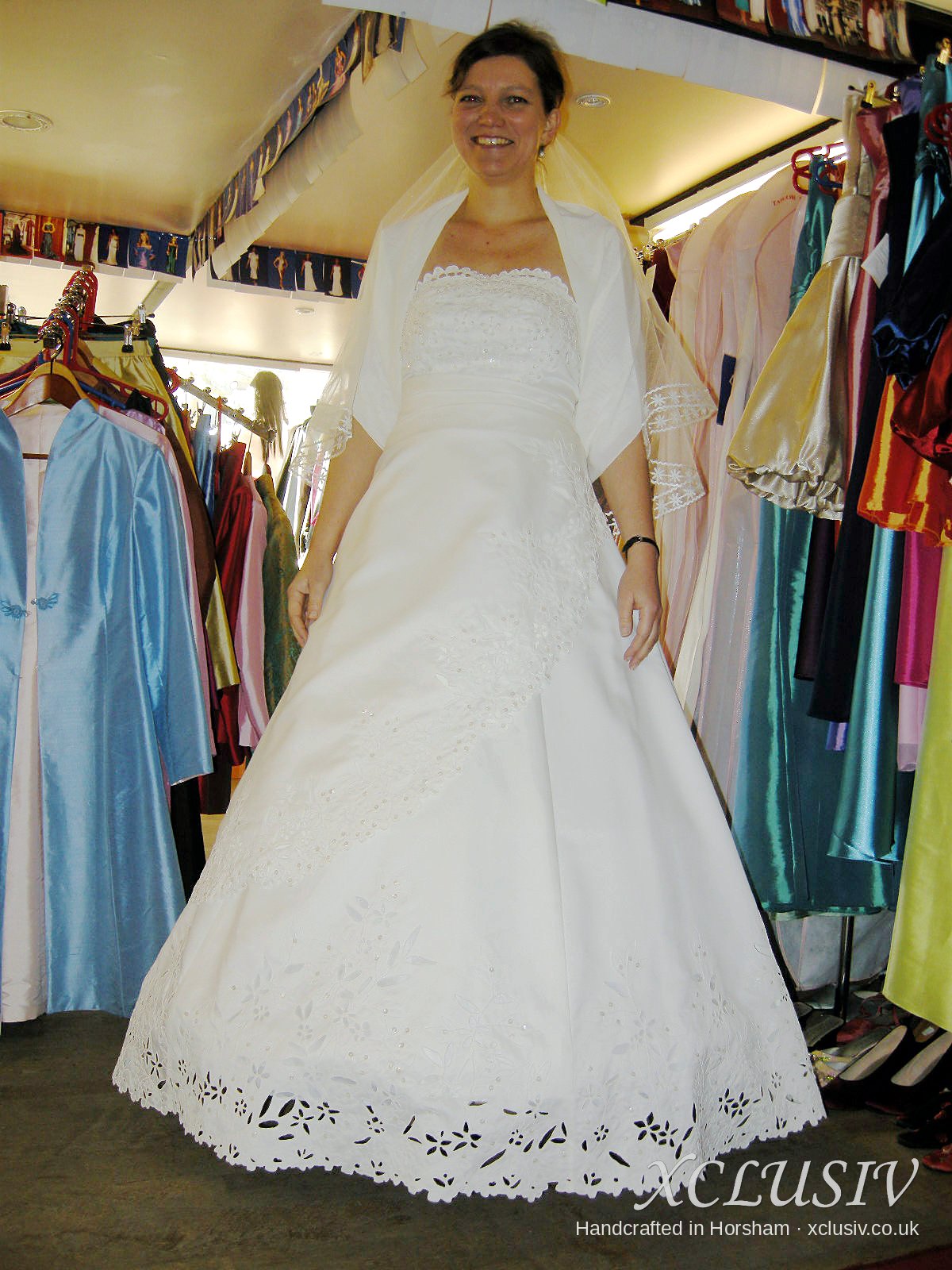 Ivory Strapless Wedding Dress with Cutwork Hem & Bolero – XCLUSIV Horsham