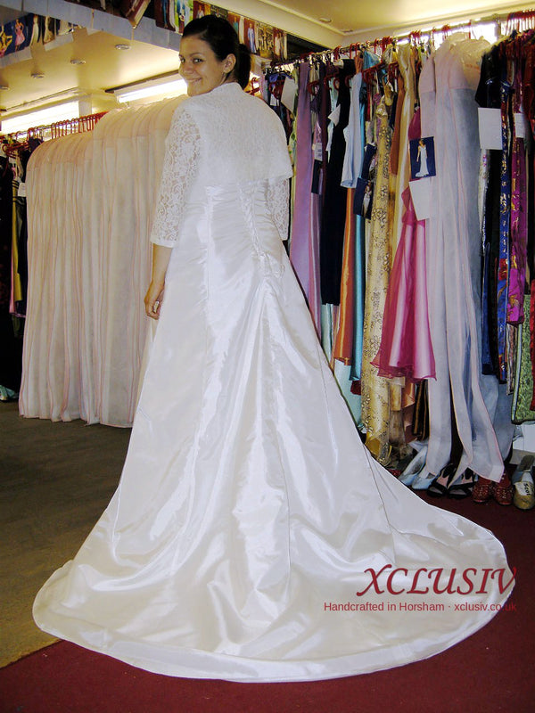 Ivory Taffeta Wedding Dress with Lace Bolero & Train – XCLUSIV Horsham