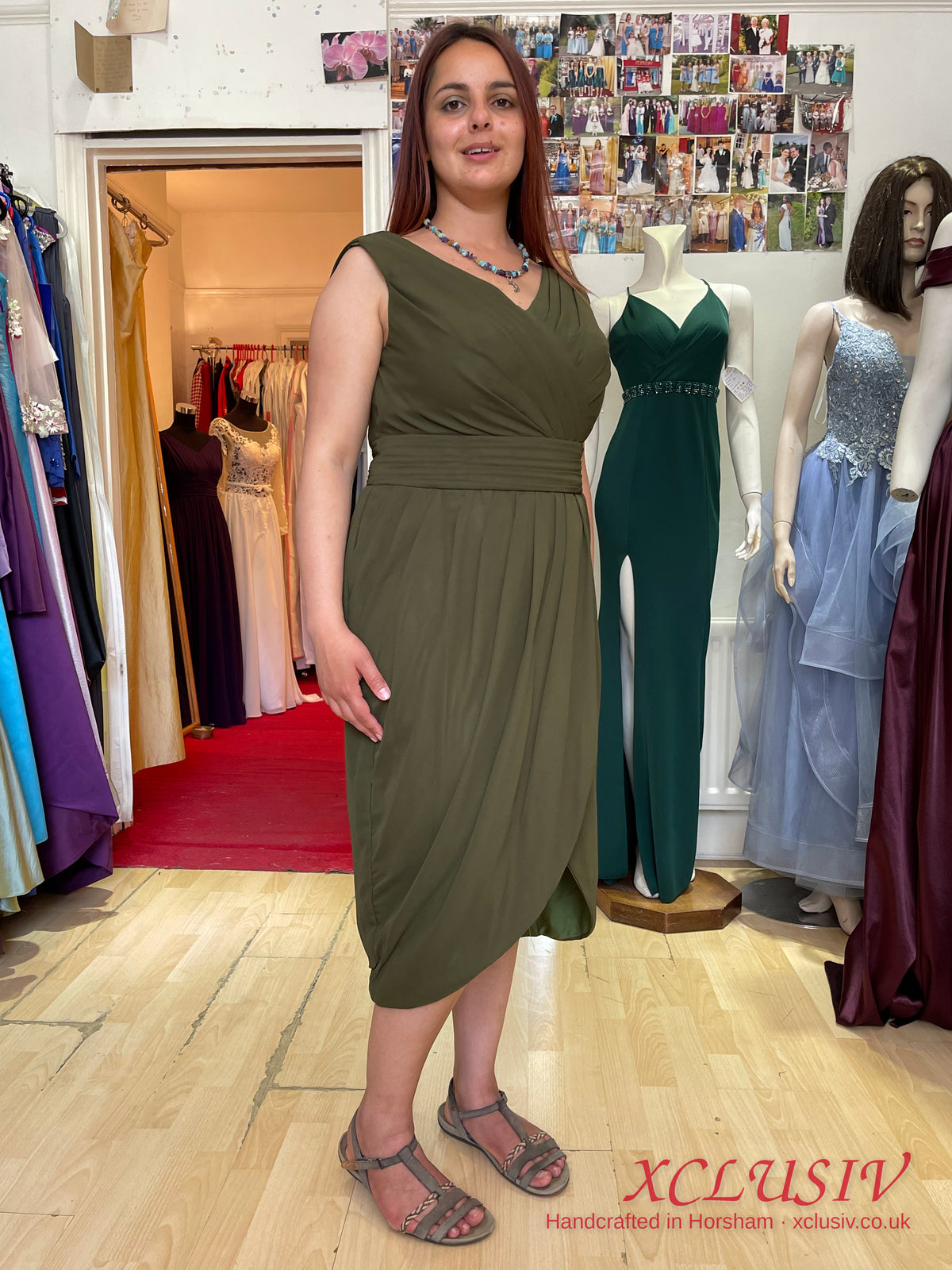 Khaki Chiffon V-Neck Tulip Midi Dress – Mother of the Bride – XCLUSIV Horsham Main image