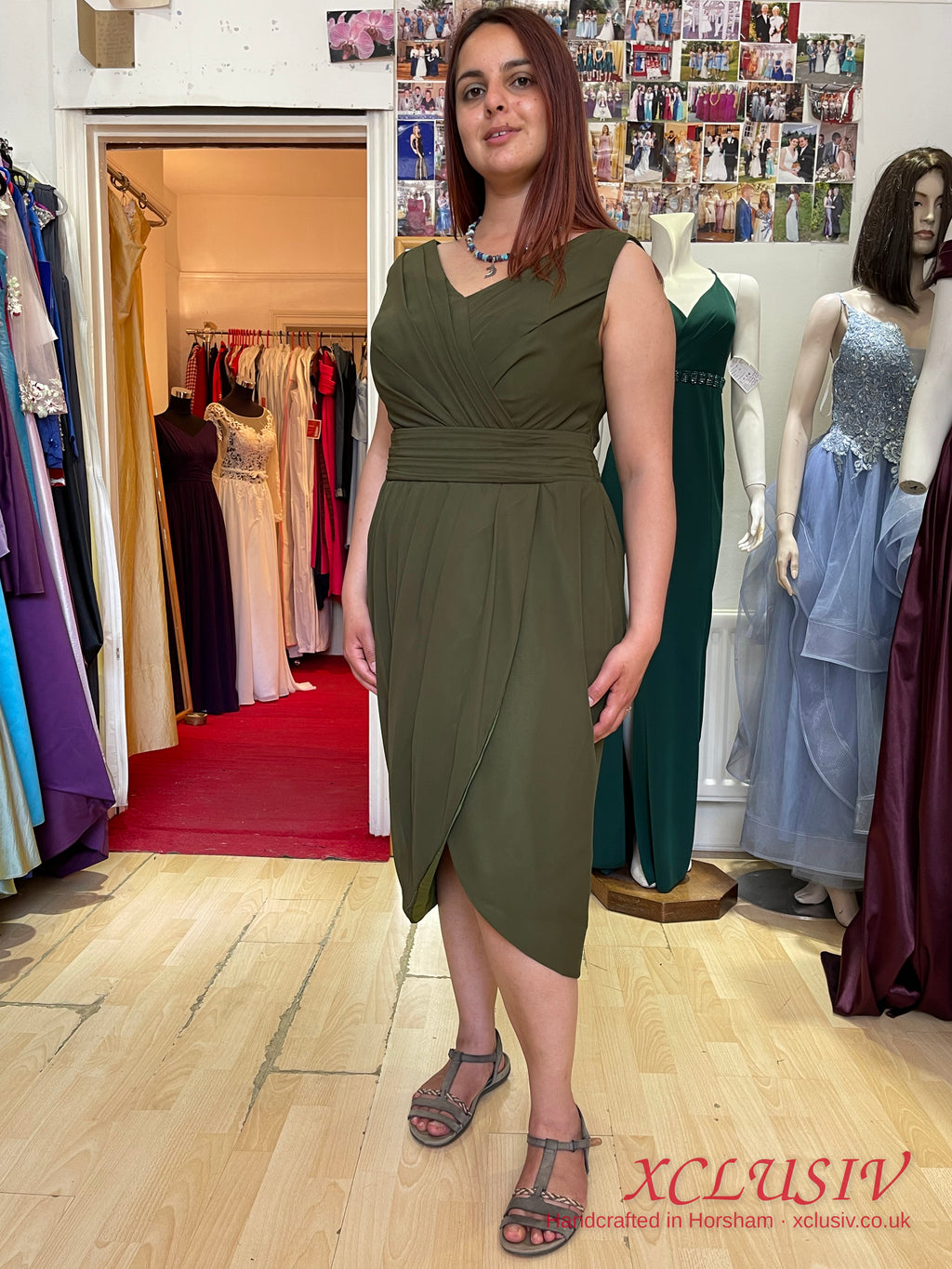 Khaki Chiffon V-Neck Tulip Midi Dress – Mother of the Bride – XCLUSIV Horsham (view 2)