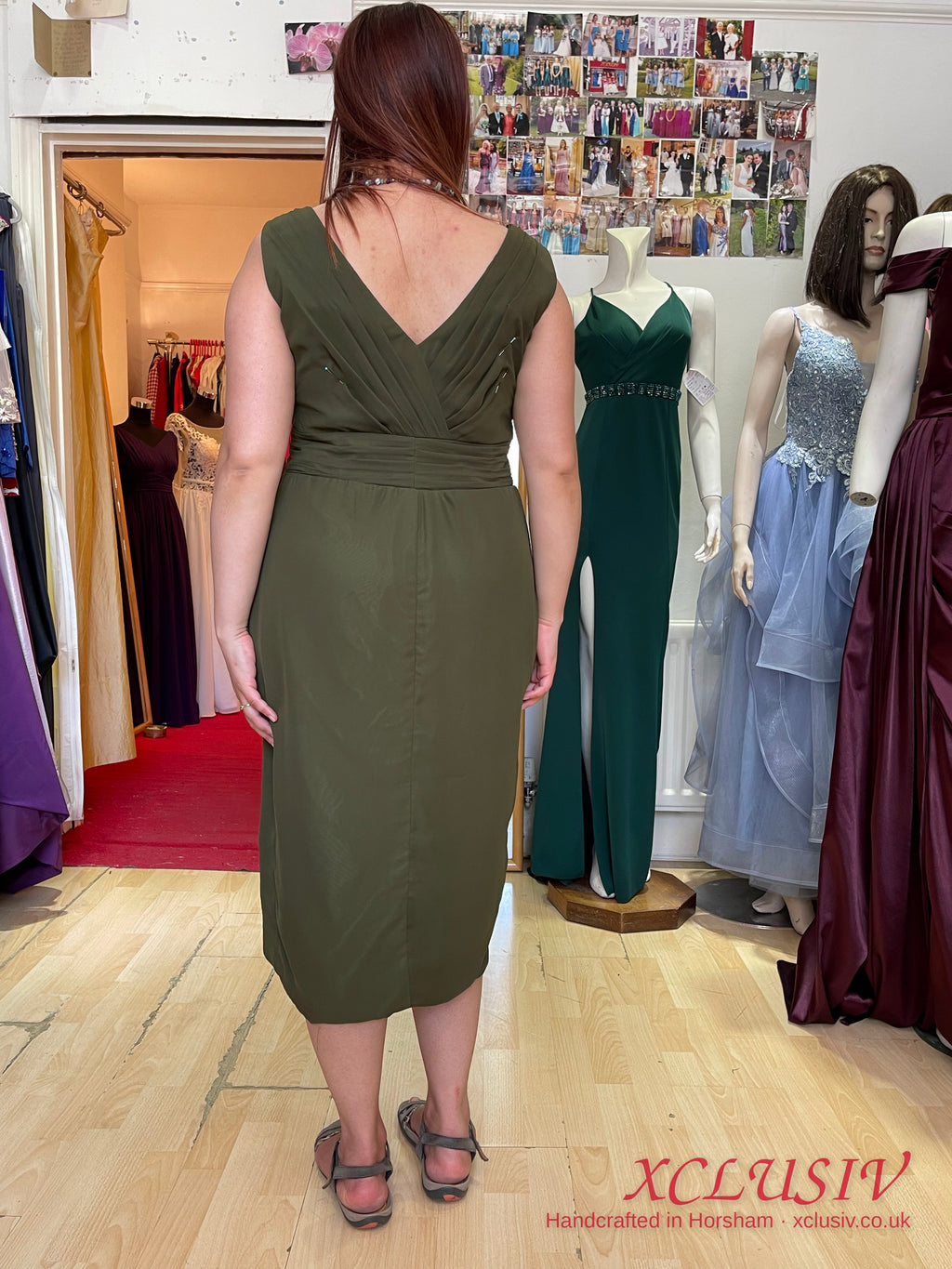 Khaki Chiffon V-Neck Tulip Midi Dress – Mother of the Bride – XCLUSIV Horsham (view 3)