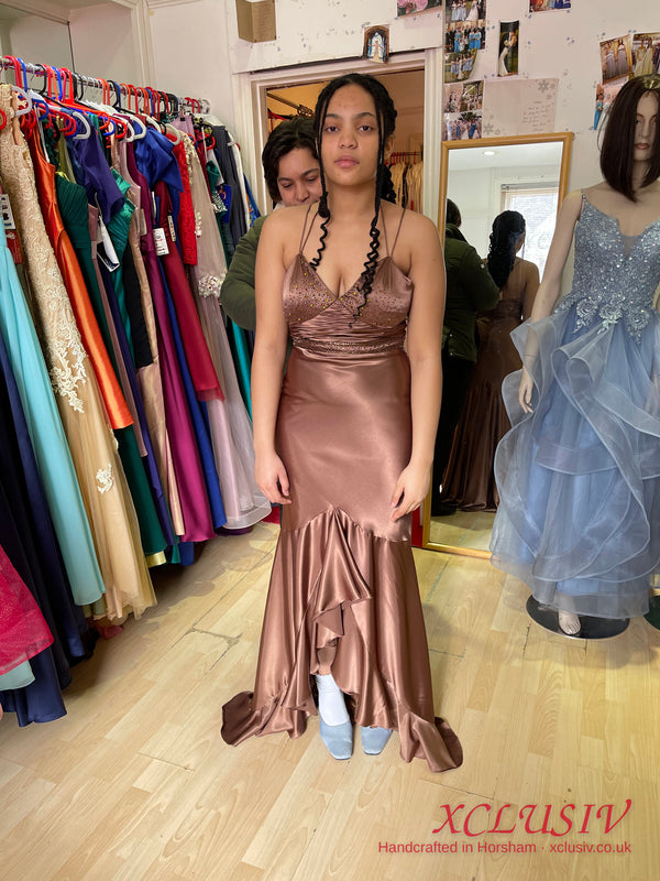 Mocha Satin Cowl Ruffle Mermaid Prom Dress – XCLUSIV Horsham (view 2)