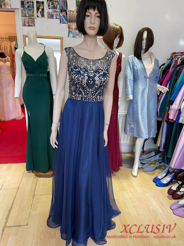 Navy Chiffon Beaded Illusion-Back Prom Dress – XCLUSIV Horsham (view 2)