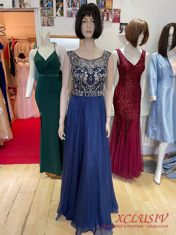 Navy Chiffon Beaded Illusion-Back Prom Dress – XCLUSIV Horsham (view 4)