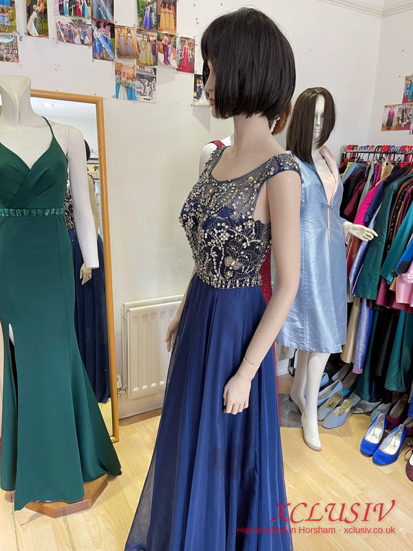 Navy Chiffon Beaded Illusion-Back Prom Dress – XCLUSIV Horsham (view 5)
