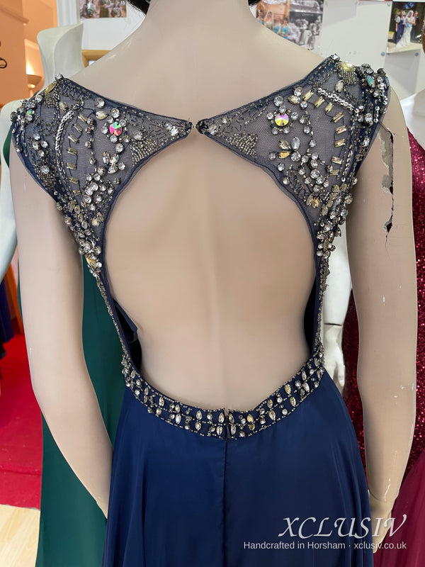 Navy Chiffon Beaded Illusion-Back Prom Dress – XCLUSIV Horsham (view 7)