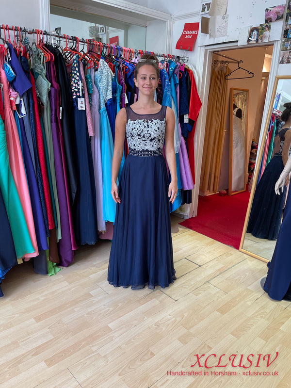 Navy Chiffon Beaded Illusion-Back Prom Dress – XCLUSIV Horsham (view 9)