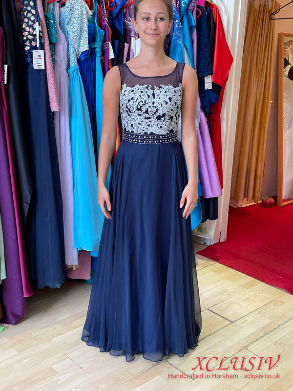 Navy Chiffon Beaded Illusion-Back Prom Dress – XCLUSIV Horsham (view 10)