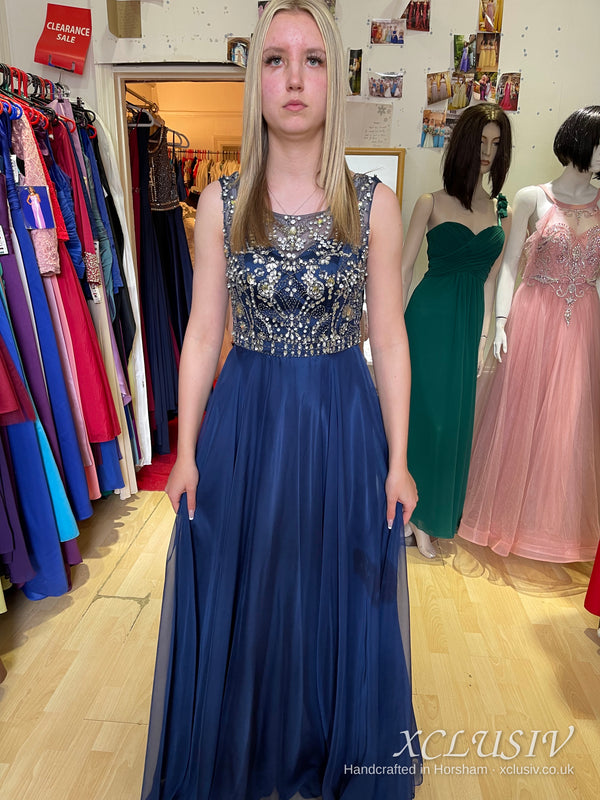 Navy Chiffon Beaded Illusion-Back Prom Dress – XCLUSIV Horsham (view 12)