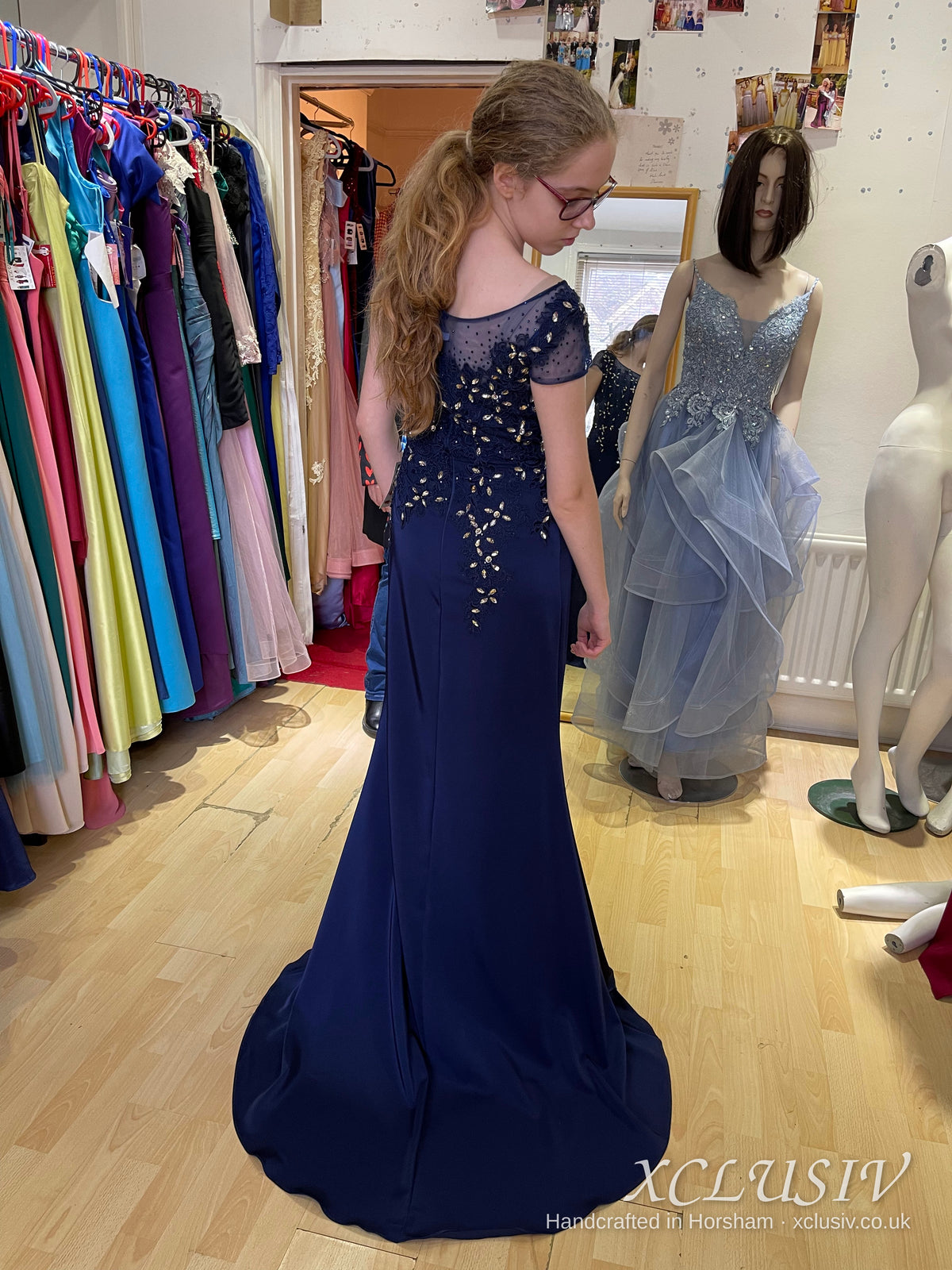 Navy Crepe Gold Beaded Cap-Sleeve Mermaid Prom Dress – XCLUSIV Horsham (view 2)