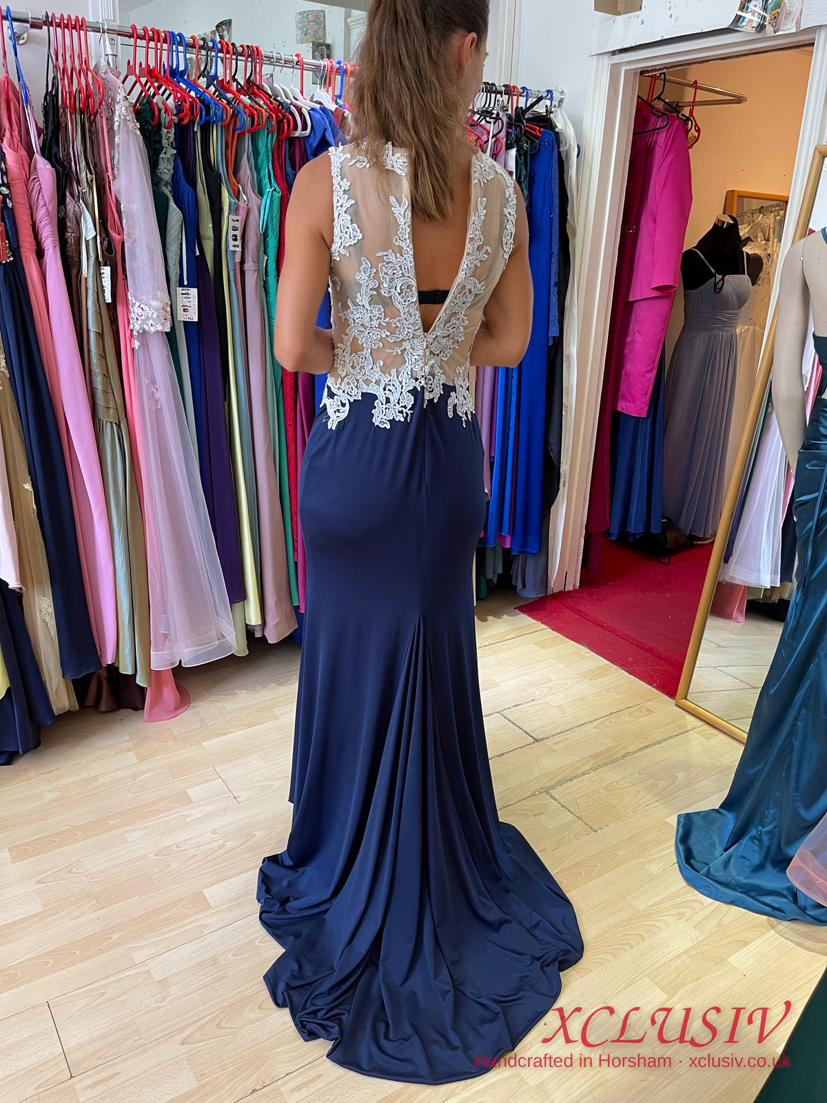 Navy Crepe Prom Dress with Ivory Lace Illusion Back & Train – XCLUSIV Horsham