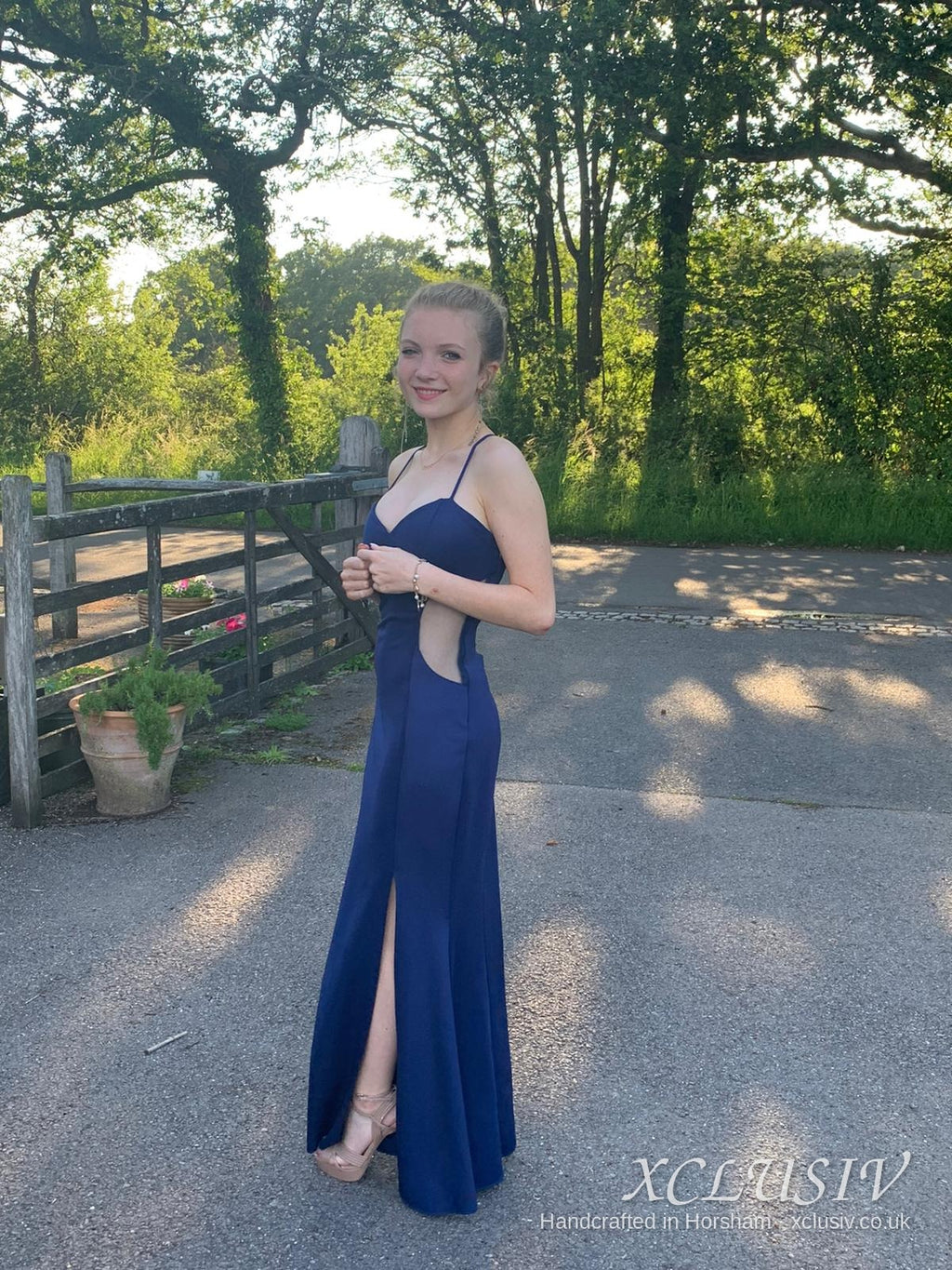 Navy Crepe Open-Back Split Prom Dress – XCLUSIV Horsham (view 2)