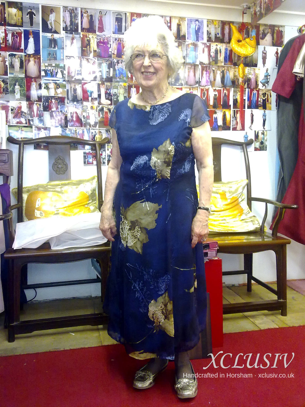 Navy Gold Leaf Print Chiffon Long Dress & Navy Coat – Mother of the Bride – XCLUSIV Horsham