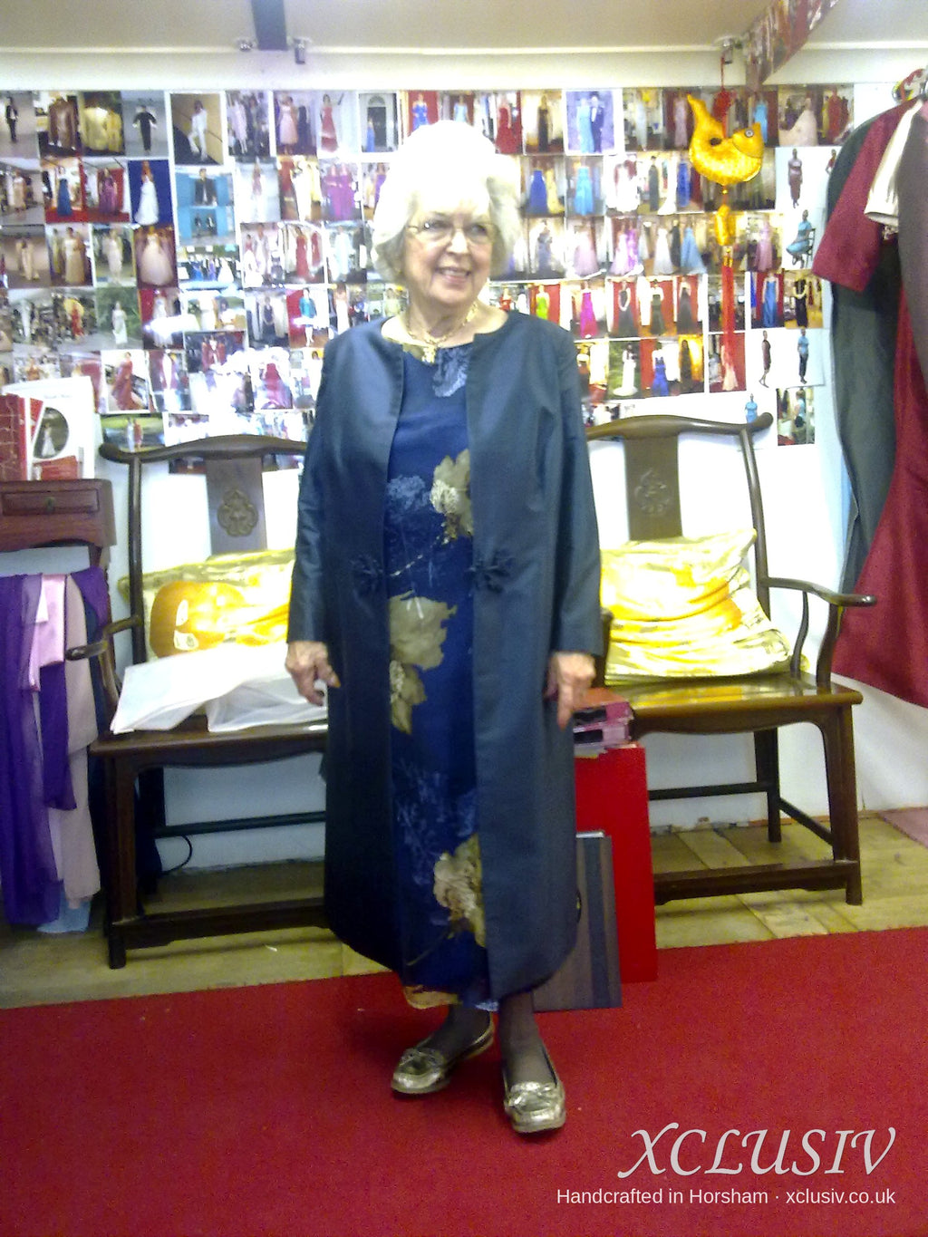 Navy Gold Leaf Print Chiffon Long Dress & Navy Coat – Mother of the Bride – XCLUSIV Horsham (view 2)