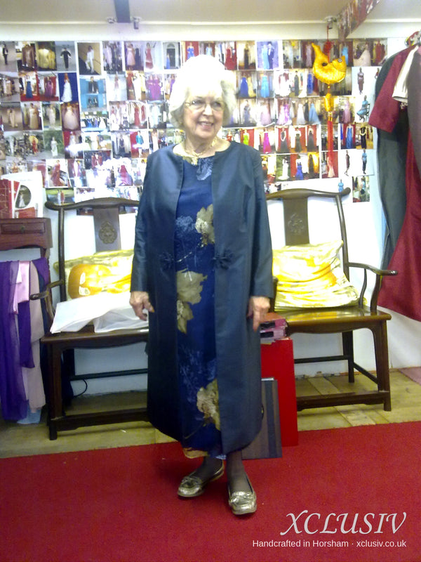 Navy Gold Leaf Print Chiffon Long Dress & Navy Coat – Mother of the Bride – XCLUSIV Horsham (view 2)