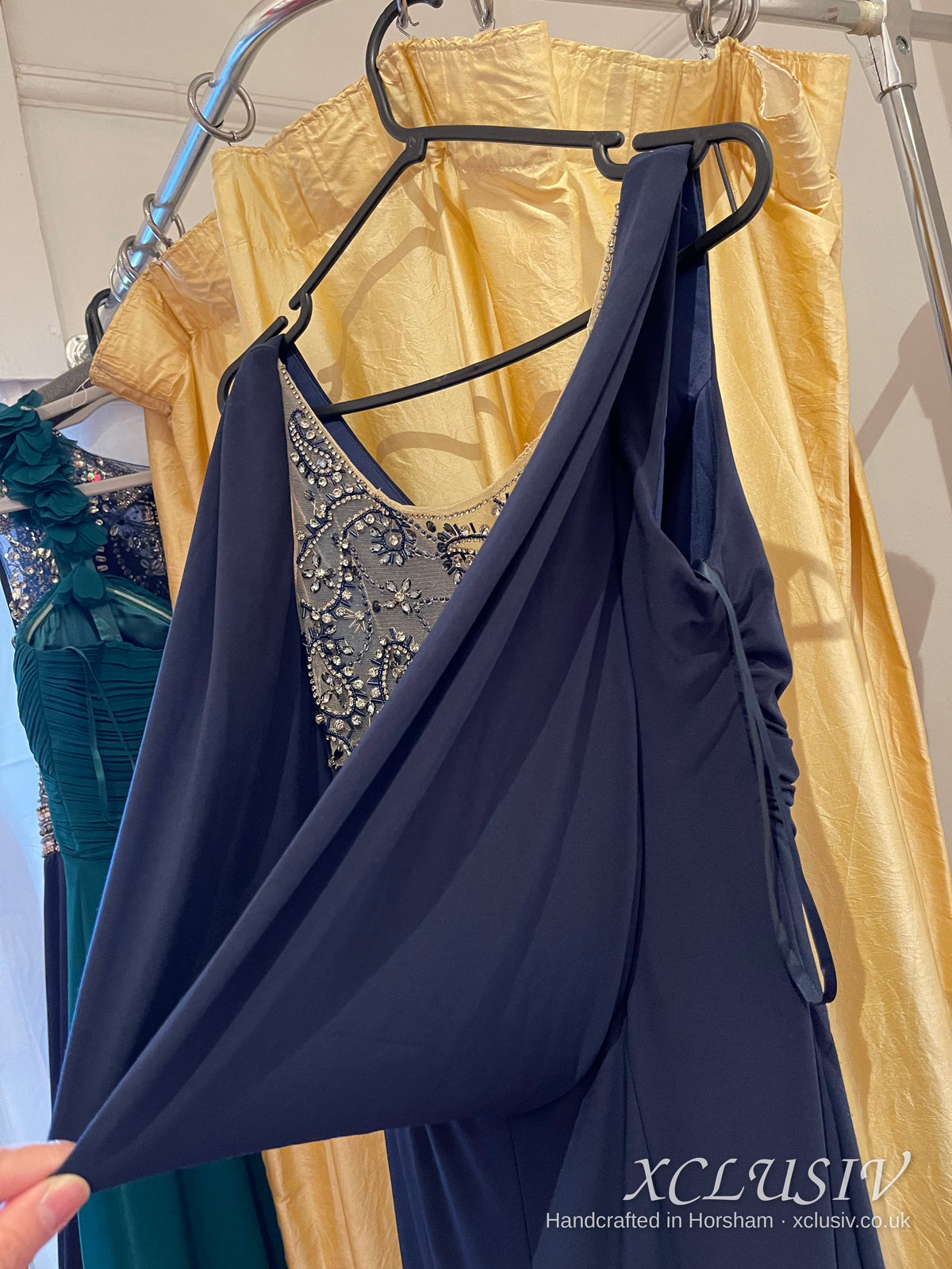 Navy Jersey Beaded Cowl-Back Prom & Evening Dress – XCLUSIV Horsham (view 4)