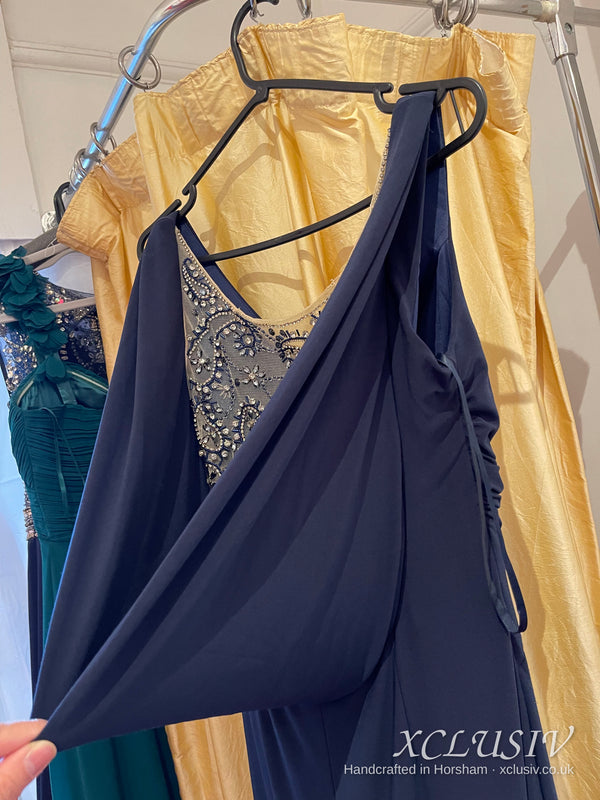 Navy Jersey Beaded Cowl-Back Prom & Evening Dress – XCLUSIV Horsham (view 4)