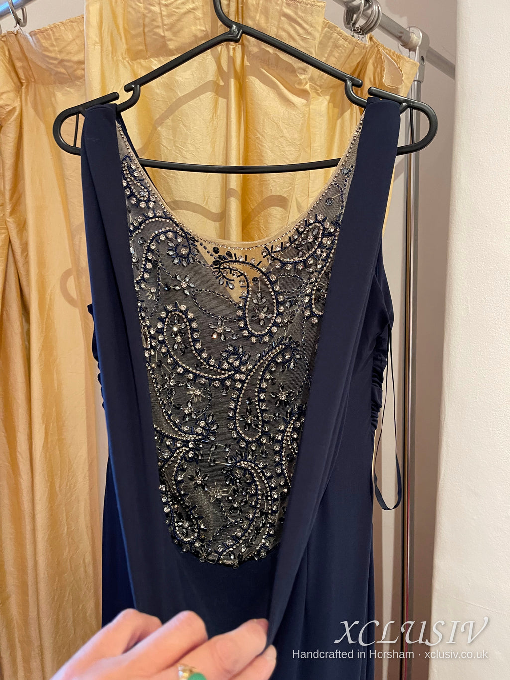 Navy Jersey Beaded Cowl-Back Prom & Evening Dress – XCLUSIV Horsham (view 5)