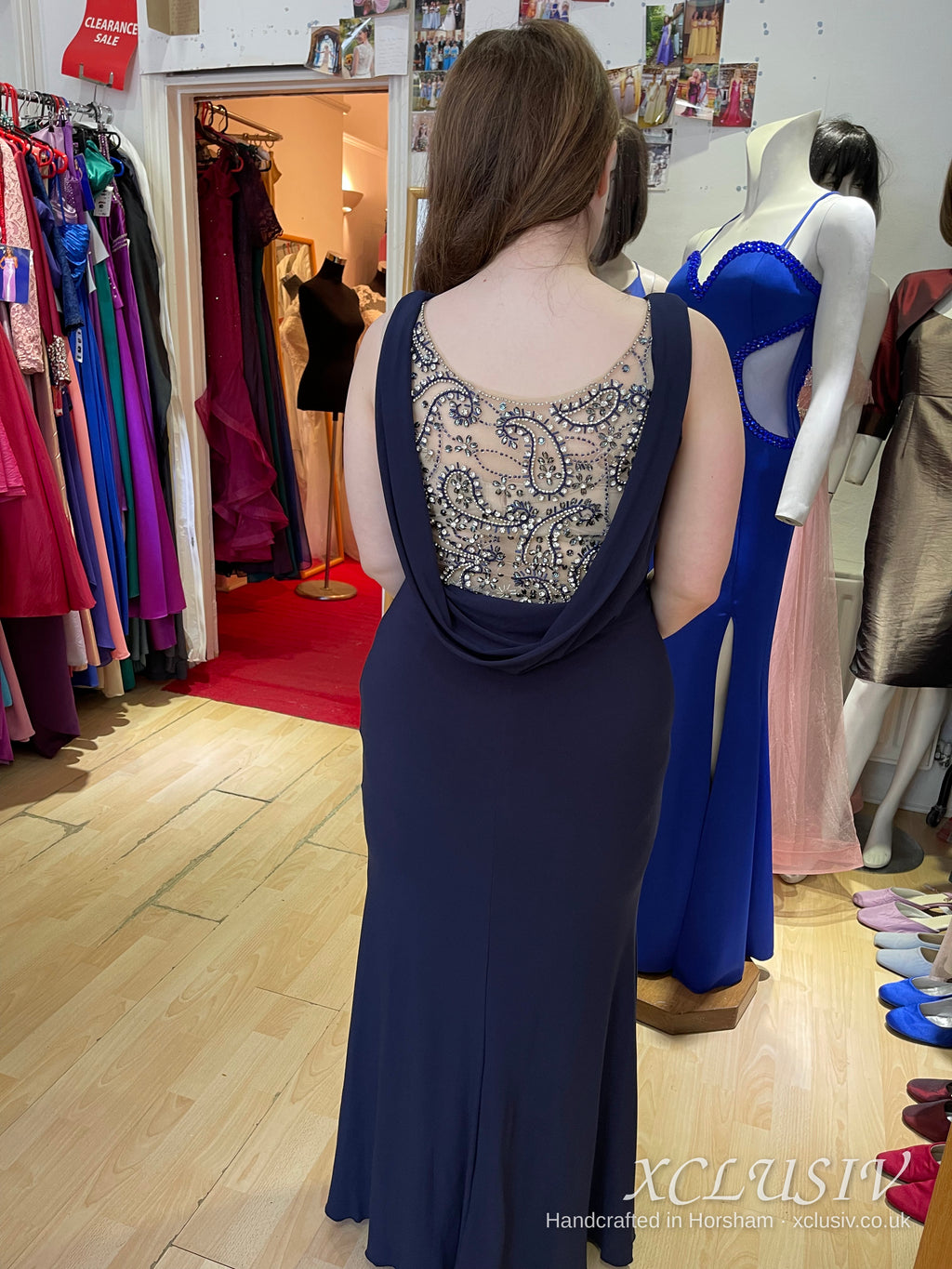 Navy Jersey Beaded Cowl-Back Prom & Evening Dress – XCLUSIV Horsham (view 6)