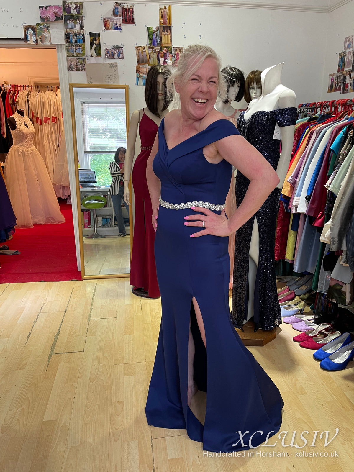 Navy Off-Shoulder Crepe Split Beaded Belt Prom & Evening Dress – XCLUSIV Horsham