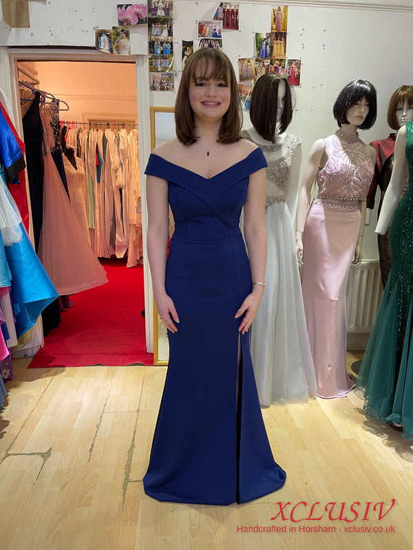 Navy Off-Shoulder Crepe Split Prom Dress – XCLUSIV Horsham (view 2)
