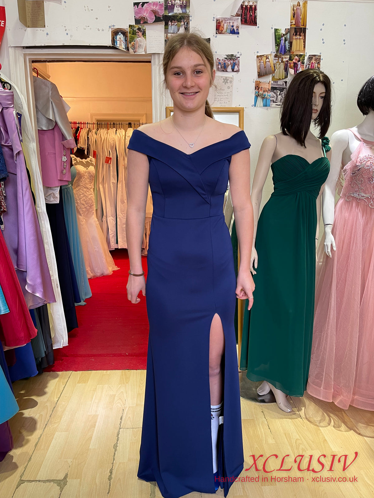 Navy Off-Shoulder Crepe Split Prom Dress – XCLUSIV Horsham (view 4)