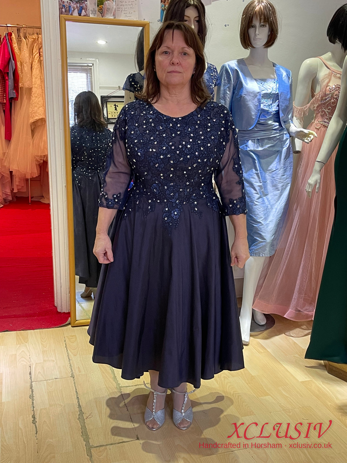 Navy Sequin Lace-Sleeve Tea-Length Dress – Mother of the Bride – XCLUSIV Horsham