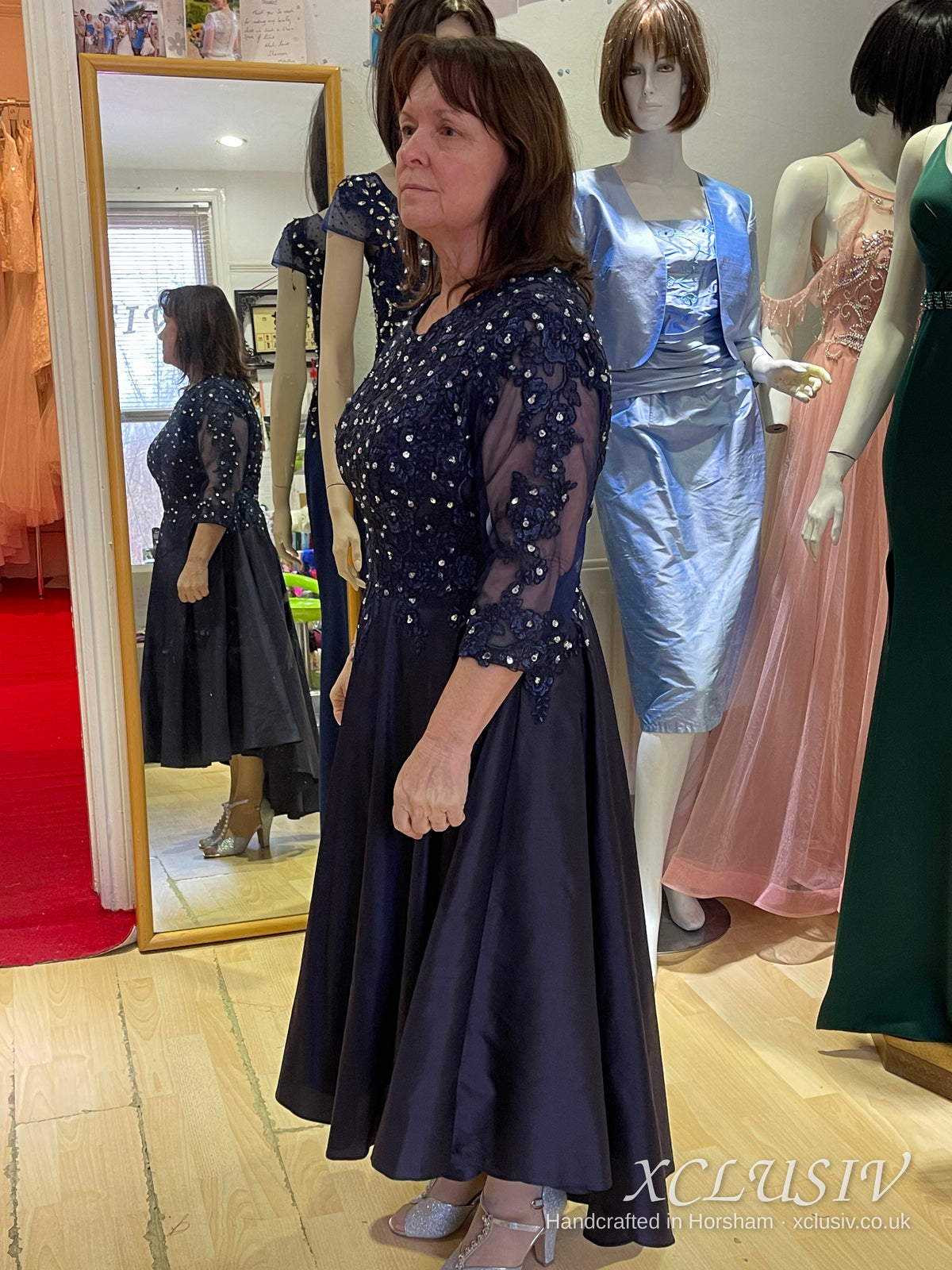Navy Sequin Lace-Sleeve Tea-Length Dress – Mother of the Bride – XCLUSIV Horsham (view 2)