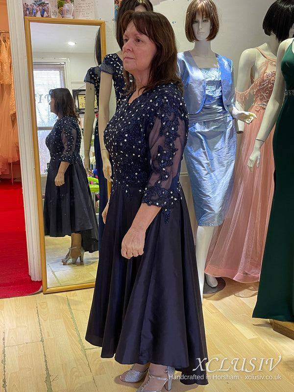 Navy Sequin Lace-Sleeve Tea-Length Dress – Mother of the Bride – XCLUSIV Horsham (view 2)