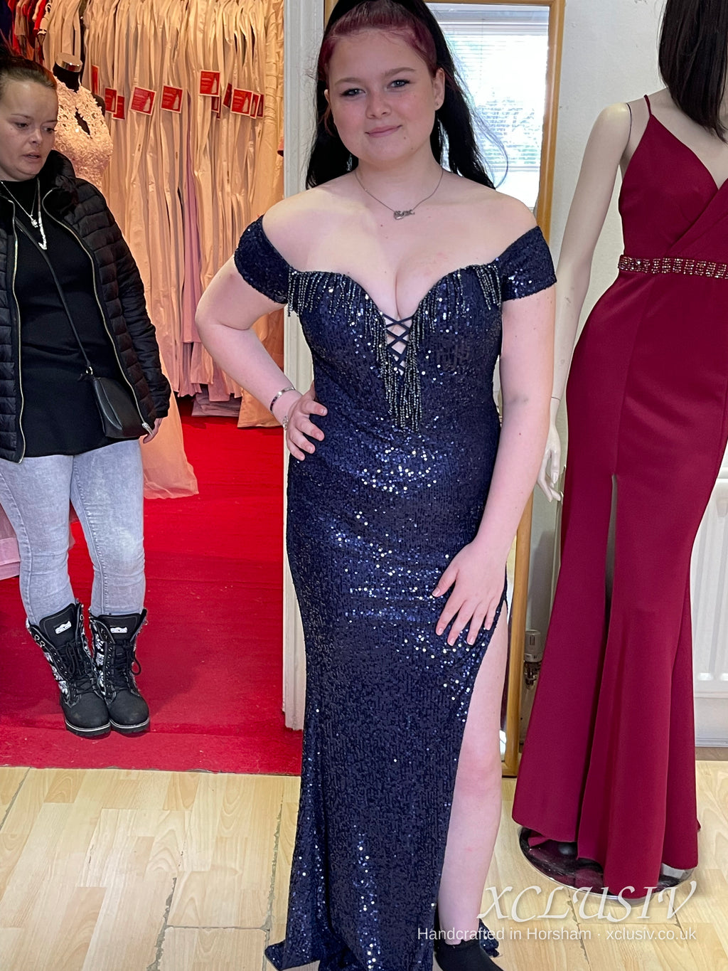 Navy Sequin Off-Shoulder Split Prom Dress – XCLUSIV Horsham