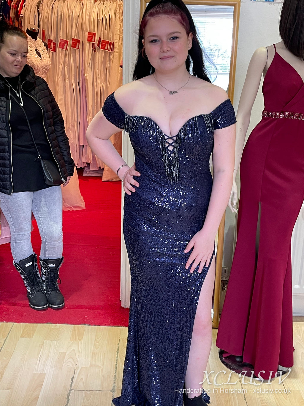 Navy Sequin Off-Shoulder Split Prom Dress – XCLUSIV Horsham (view 2)