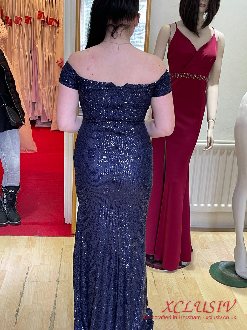 Navy Sequin Off-Shoulder Split Prom Dress – XCLUSIV Horsham (view 3)