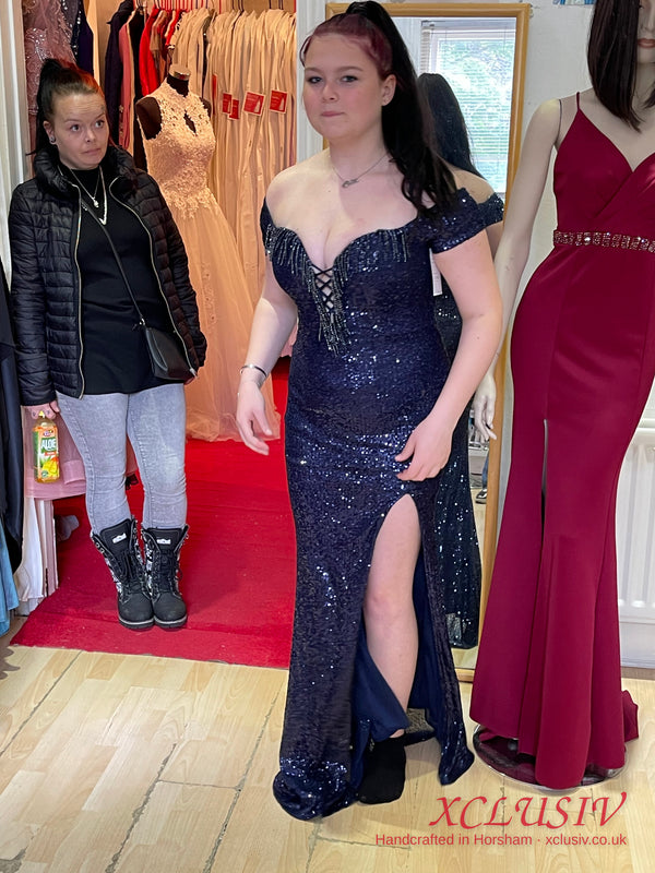 Navy Sequin Off-Shoulder Split Prom Dress – XCLUSIV Horsham (view 4)