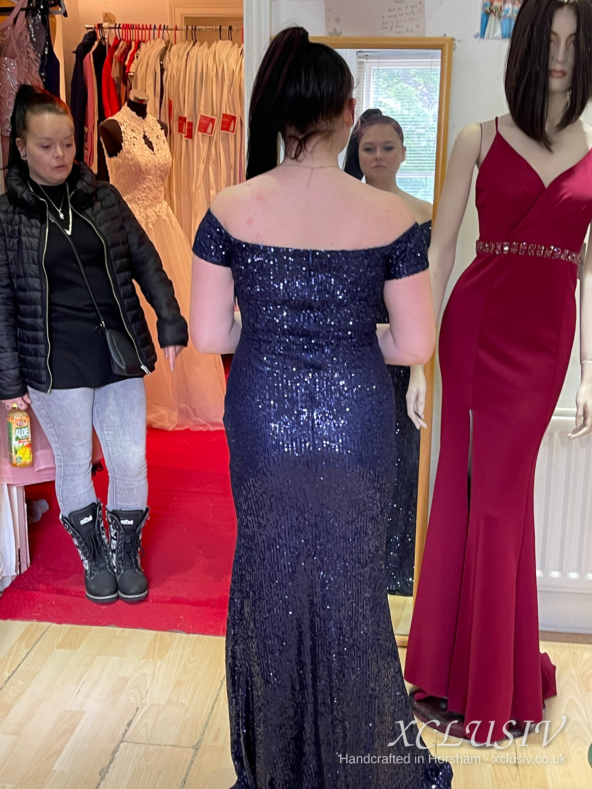 Navy Sequin Off-Shoulder Split Prom Dress – XCLUSIV Horsham (view 5)