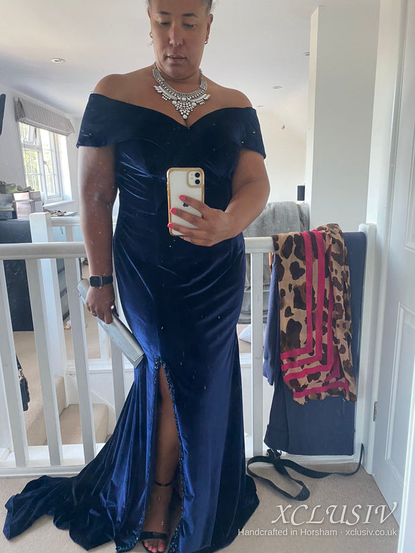 Navy Velvet Off-Shoulder Prom & Evening Dress – XCLUSIV Horsham (view 3)