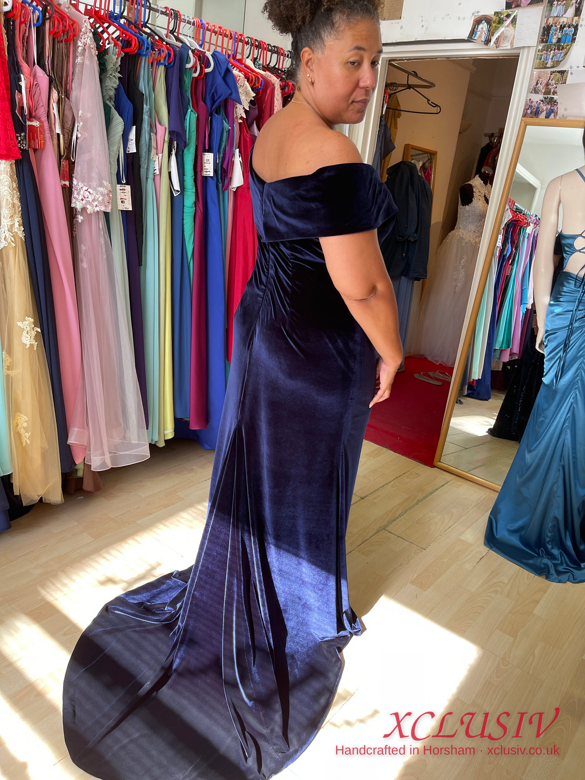 Navy Velvet Off-Shoulder Split Prom & Evening Dress – XCLUSIV Horsham