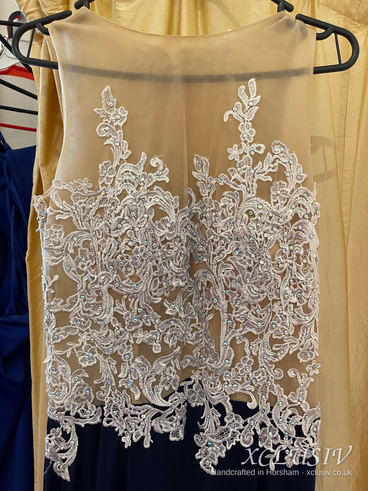 Navy Prom & Evening Dress with Ivory Lace Sheer Back – XCLUSIV Horsham