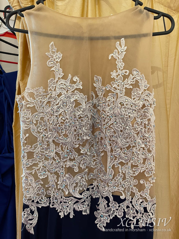 Navy Prom & Evening Dress with Ivory Lace Sheer Back – XCLUSIV Horsham