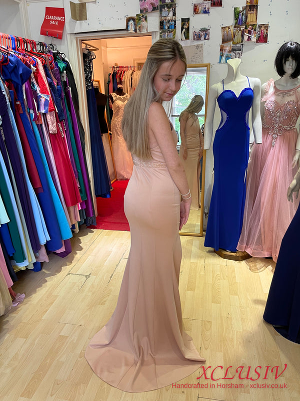 Nude Blush Crepe Mermaid Split Prom Dress – XCLUSIV Horsham (view 2)